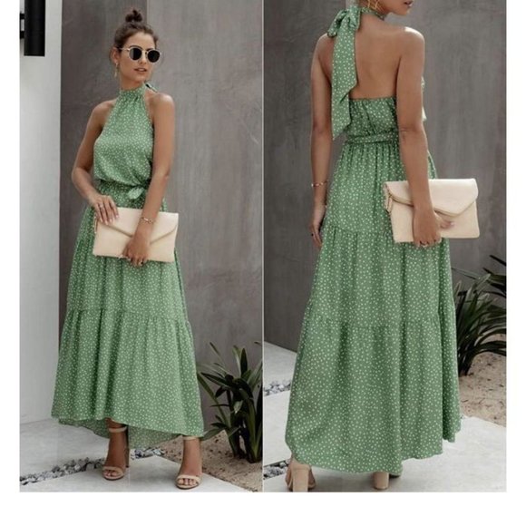 PRETTYGARDEN Halter Neck Belted Maxi Dress S - Picture 1 of 5